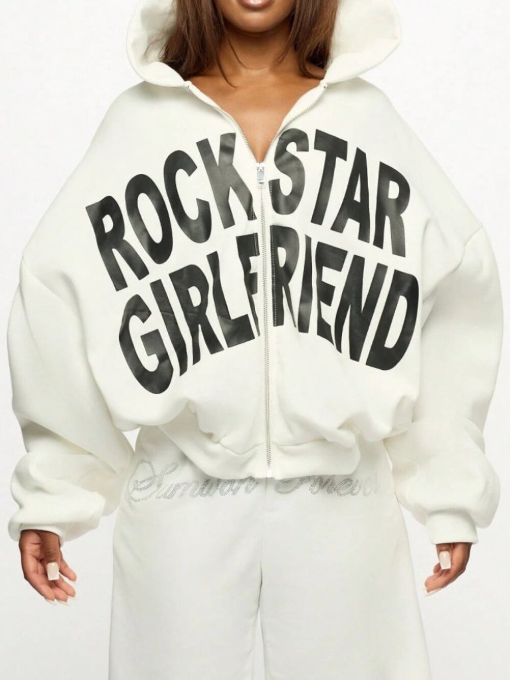 Ivory Rock Star Girlfriend Graphic Zip-Up Cropped Hoodie